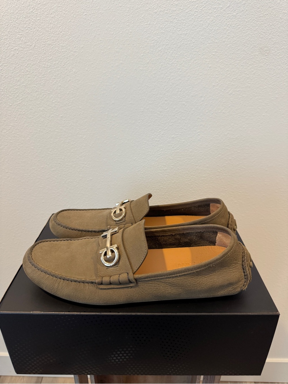 Salvatore Ferragamo Olive Suede Slip-On Loafers